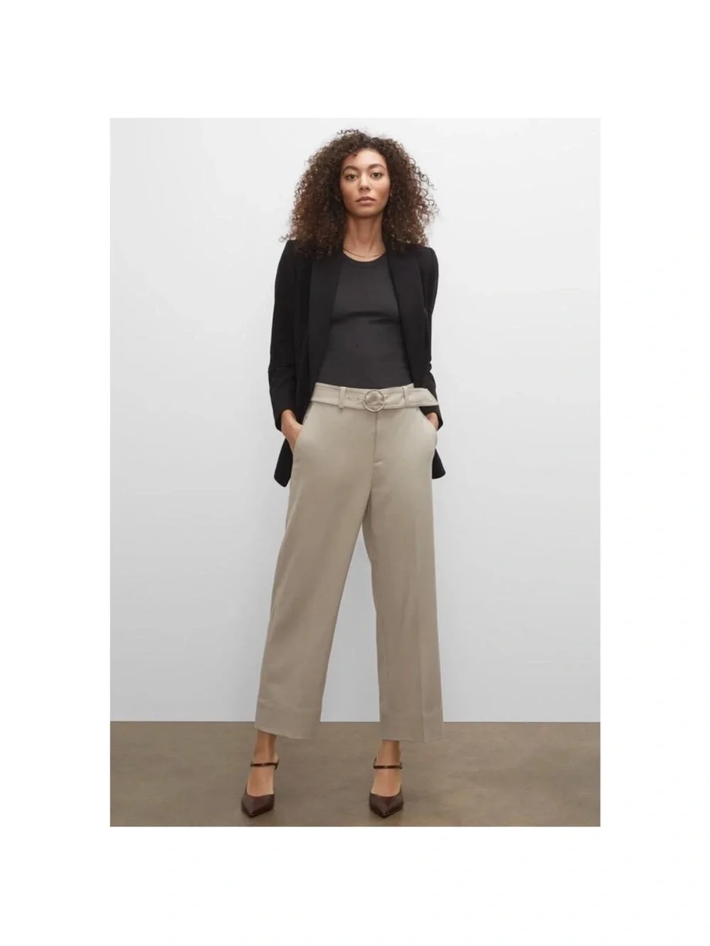Club Monaco High-Waist Ring Belted Pants in Beige